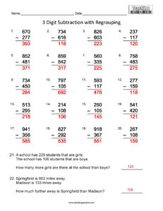 3 Digit Subtraction- Math Worksheets