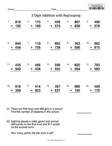 3 Digit Addition- Math Worksheets