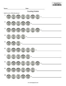 Counting Nickels math worksheets teaching