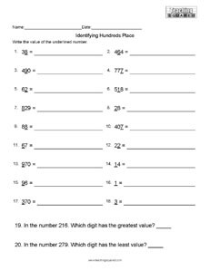 Identifying Hundreds Place math worksheets