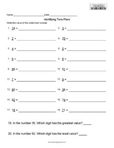 Identifying Tens Place- math worksheet