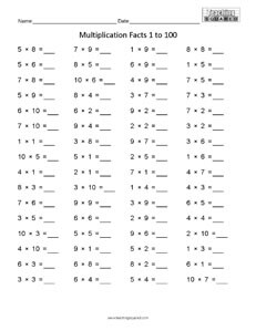 Multiplication Facts Horizontal 1 to 100- math worksheets Multiplication Facts