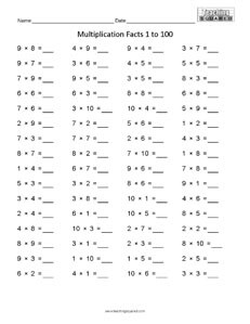 Multiplication Facts Horizontal 1 to 100- math worksheets Multiplication Facts