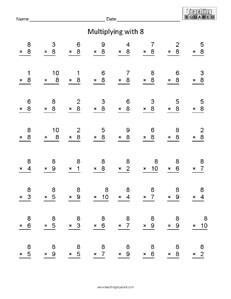 Multiplying with 8- math worksheets Multiplication Facts