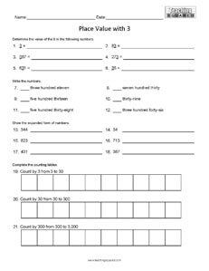 Place Value to Hundreds 3 math worksheets