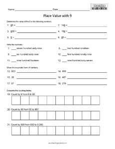 Place Value to Hundreds 9 math worksheets
