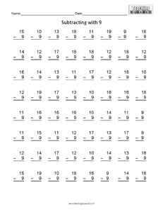 Subtracting with 9 math worksheets teaching
