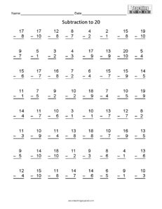 Subtraction Facts to 20 math worksheets