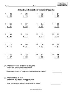 Computation multiplication no Regrouping math worksheets teaching