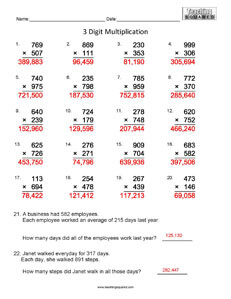 3 Digit Multiplication- Best Math Worksheets