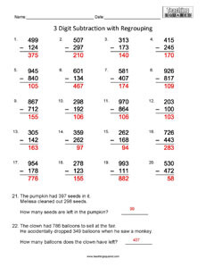 3 Digit Subtraction- B Math Worksheets