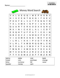 Money, Free Word Search Puzzle Worksheets