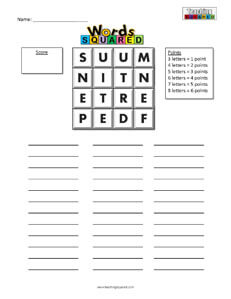 Words Squared boggle puzzle worksheets