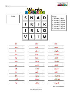 Words Squared game worksheets boggle
