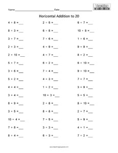 45 Horizontal Addition to 20 math worksheets