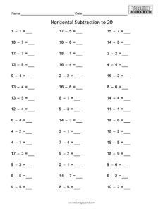 Horizontal Subtraction to 20 math worksheets