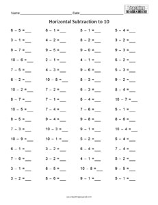 Horizontal Subtraction to 10 math worksheets