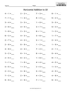 64 Horizontal Addition to 10 math worksheets