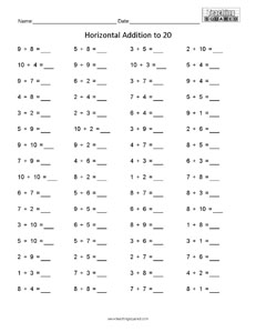 64 Horizontal Addition to 20 math worksheets