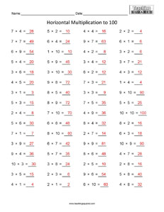 Horizontal Multiplication to 100 Multiplication Facts