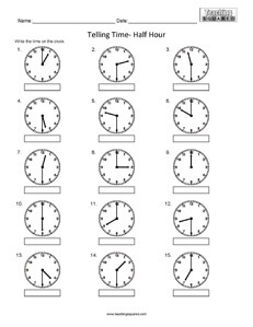 Telling Time to the nearest half hour clock worksheets