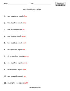 Word Addition to Ten math worksheets teaching and homeschool