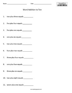 Adding with words to 10 math worksheets teaching