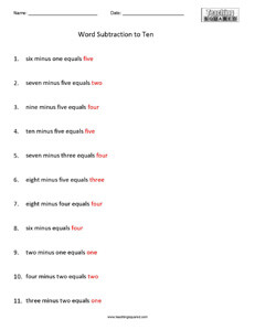 Basic Word Subtraction to Ten math worksheets teaching and homeschool