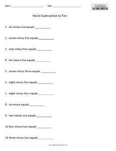 Subtracting with words to 10 math worksheets teaching
