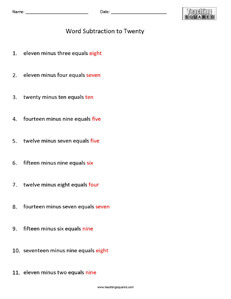 Basic Word Subtraction to Twenty math worksheets teaching and homeschool