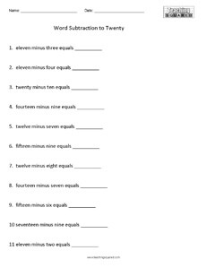 Subtracting with words to twenty math worksheets teaching