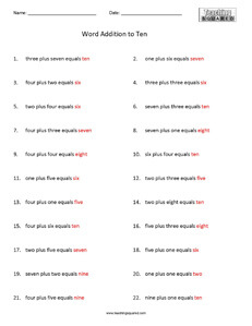 Word Addition to Ten math worksheets teaching and homeschool