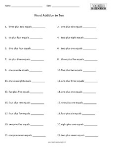 Adding with words to 10 math worksheets teaching