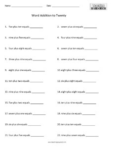 Adding with words to twenty math worksheets teaching
