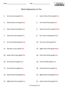 Word Subtraction to Ten math worksheets teaching and homeschool