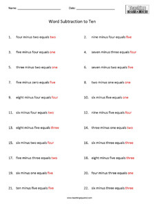 Word Subtraction to Ten math worksheets teaching and homeschool