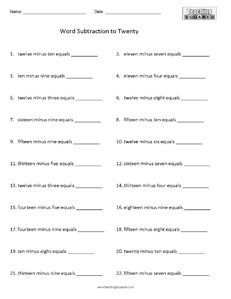 Subtracting with words to twenty math worksheets teaching
