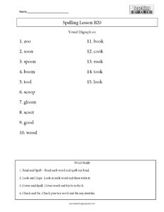 Spelling List B20- Vowel Digraph Oo