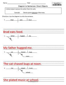 Diagram to Sentences- Direct Objects Grammar practice worksheets