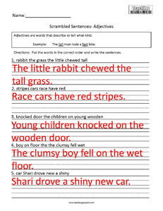 Scrambled Sentences- Adjectives Grammar practice worksheets