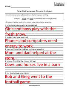 Scrambled Sentences- Compound Subject Grammar practice worksheets