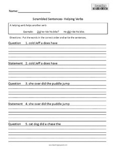 Scrambled Sentences- Helping Verbs Worksheet