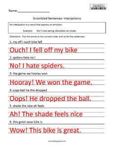 Scrambled Sentences- Interjections Grammar practice worksheets