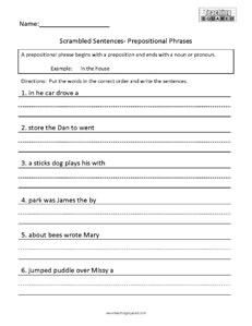 Scrambled Sentences- Prepositions Worksheet