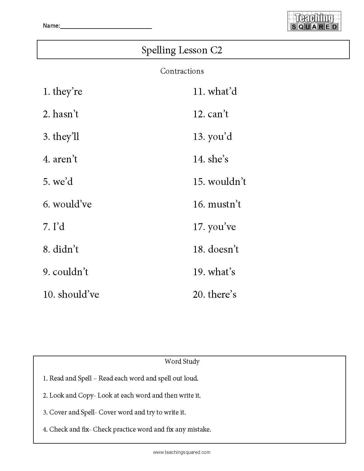 Spelling List C21- Contractions - Teaching Squared For Contractions Worksheet 3rd Grade