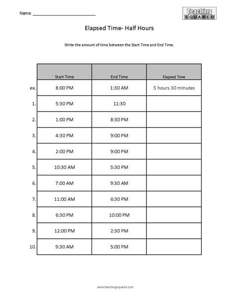 elapsed time worksheets teaching squared
