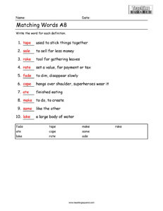 First Grade Matching Words A