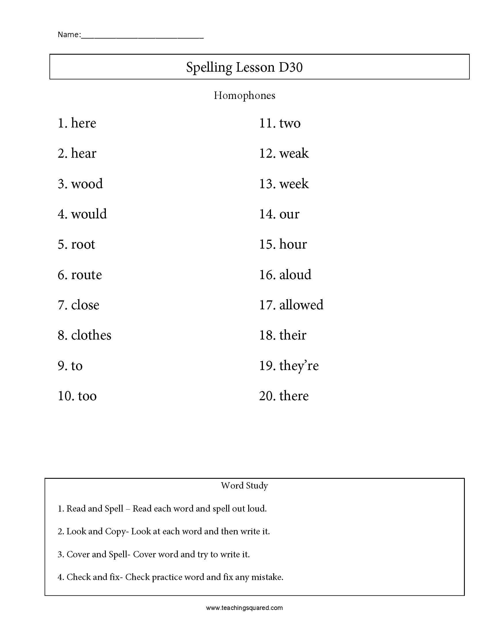 Spelling List D23- Homophones - Teaching Squared Throughout Homophones Worksheet 2nd Grade