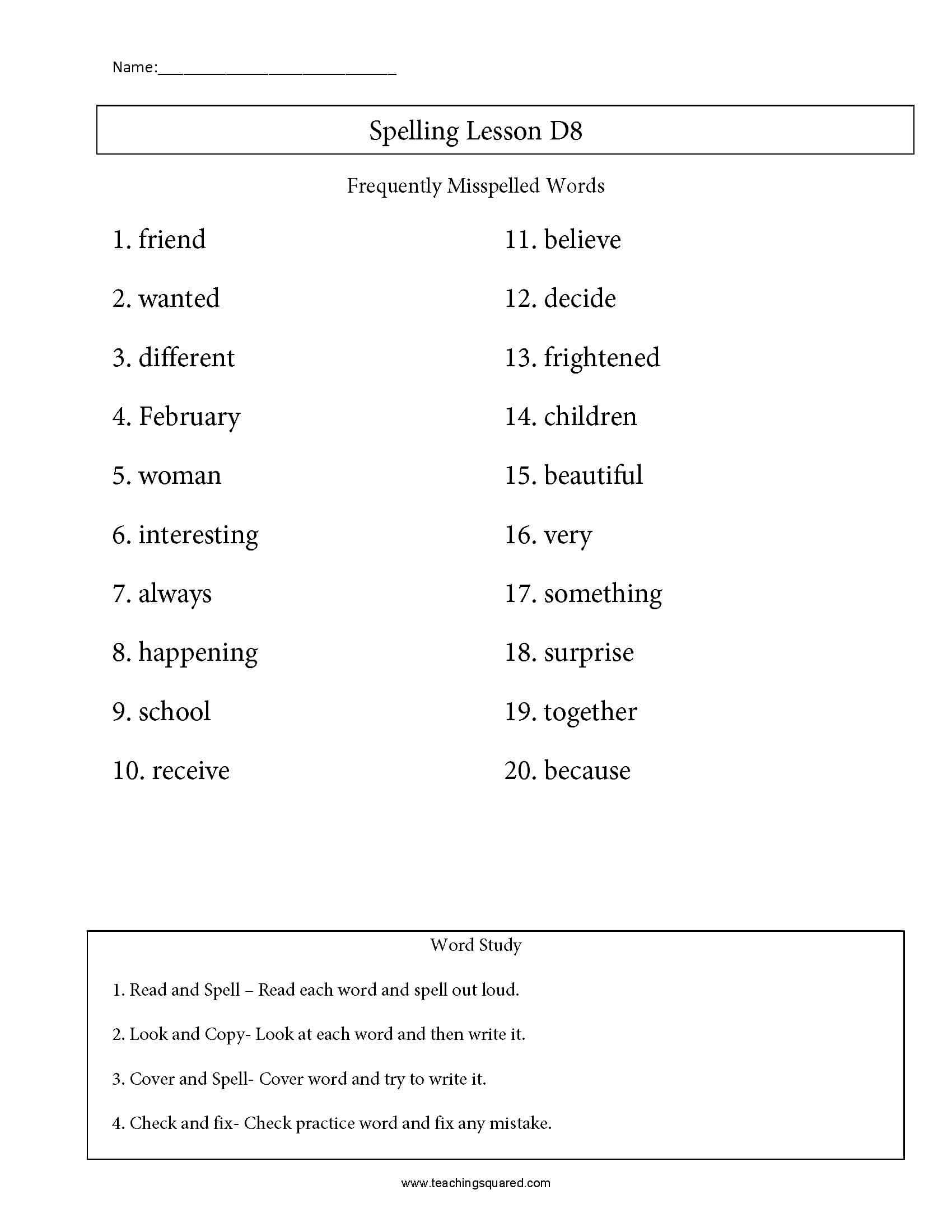 Spelling List D11- Misspelled Words - Teaching Squared Within Commonly Misspelled Words Worksheet