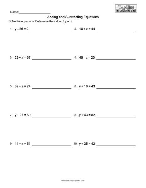 Equations- Adding and Subtracting math worksheets